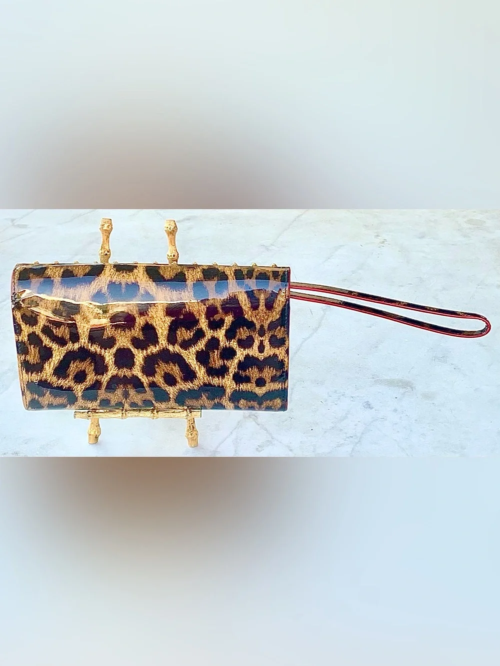 CHRISTIAN LOUBOUTIN MACARON PATENT SPIKED FLAP WALLET CLUTCH LEOPARD WRISTLET